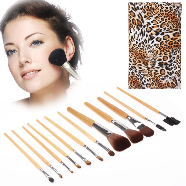 Foldable leopard-print cosmetic brush case with 12 makeup brushes, assorted sizes