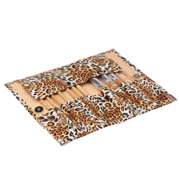 Foldable leopard-print brush case with 12-slot insert and visible brush handles