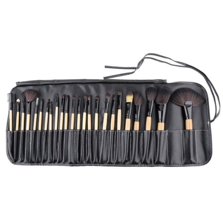 Black cosmetic brush roll with 24 brushes and black leather carrying bag