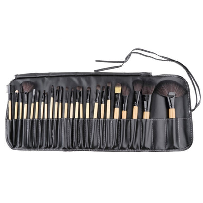Black cosmetic brush roll with 24 brushes and black leather carrying bag