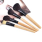 Makeup brush set close-up: black and brown bristles with wooden handles