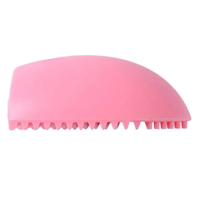 Silicone makeup brush cleaner scrubber, pink with serrated cleaning teeth along the edge