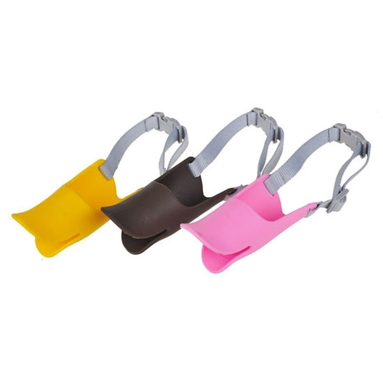 Set of duck-mouth silicone pet muzzles in yellow, brown, and pink with gray straps