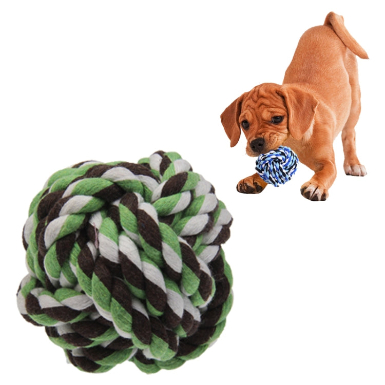 Braided cotton rope ball dog toy in green, white, and dark brown stripes.