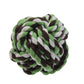 Braided rope ball dog toy with green, white, and dark brown twisted strands.
