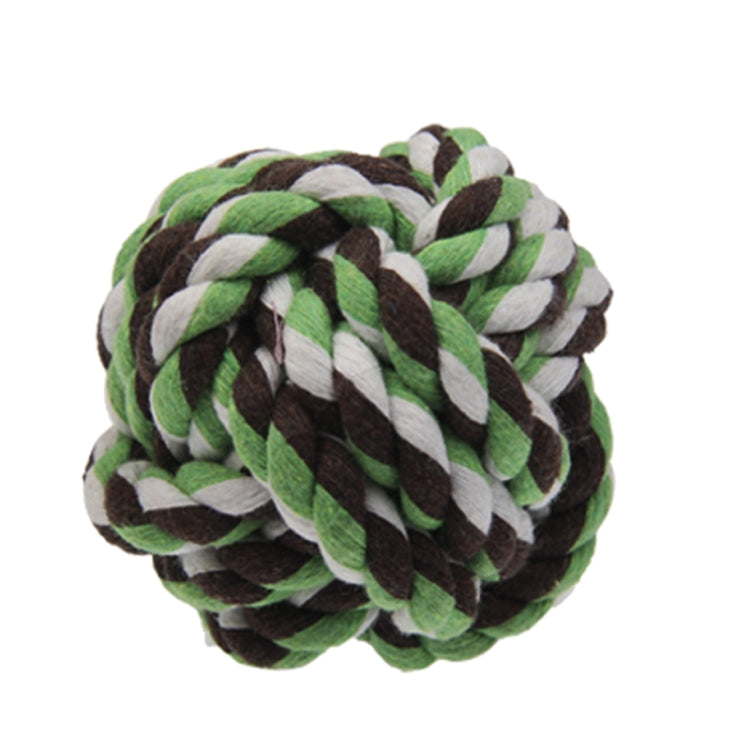 Braided rope ball dog toy with green, white, and dark brown twisted strands.