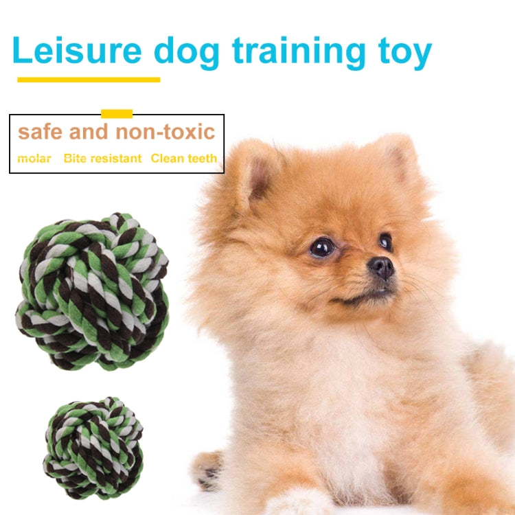 Braided rope ball dog toys in green, white, and dark brown, shown in multiple sizes.