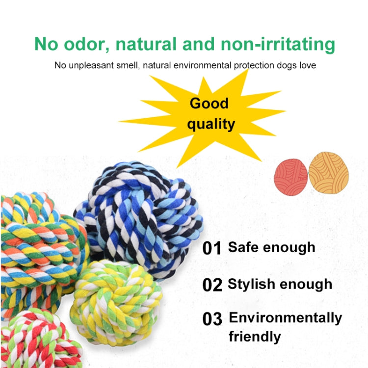 Assorted braided cotton rope ball dog toys in multiple colors, including blue and white.