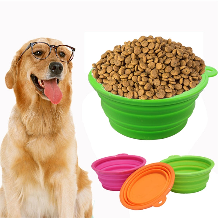 Green collapsible silicone pet bowl with handle, filled with dry food pellets