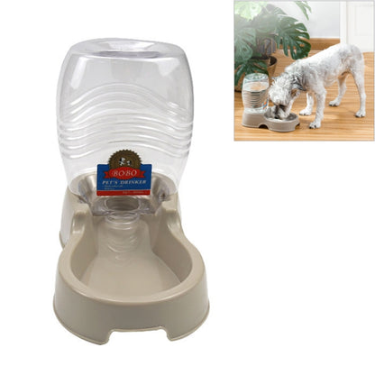 Automatic pet water dispenser with clear bottle and beige base, detachable dish feeder