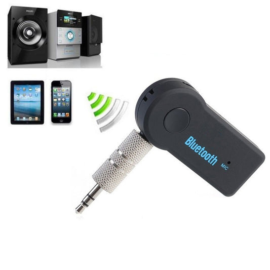 Black Bluetooth music mic receiver with 3.5mm plug and wired mesh microphone