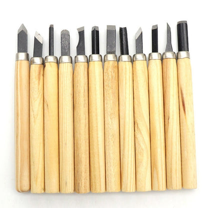 12-piece wood carving tool set with stainless blades and light wood handles
