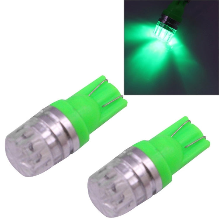 Green T10 COB LED bulbs (2-pack) with clear lens, emitting bright green light