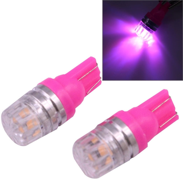Pink T10 COB LED bulbs (2-pack) with clear lens, emitting pink-purple light