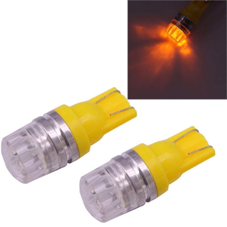Yellow T10 COB LED bulbs (2-pack) with clear lens, emitting warm yellow light