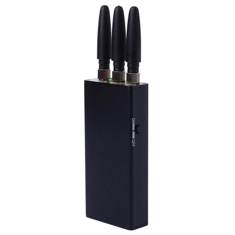 Black mini cell phone signal jammer with three screw antennas, compact rectangular body.