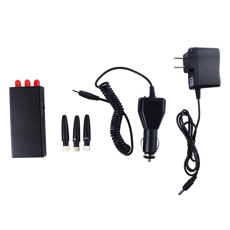 Signal jammer kit: mini unit, three antennas, car charger, and power cables.