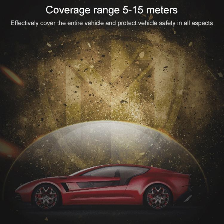 Cell phone signal jammer coverage illustration over a red vehicle with radial range marks.