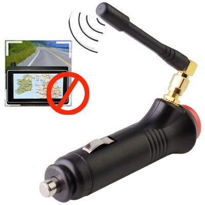 Portable car GPS signal jammer with switch, black adapter with gold connector and antenna tip