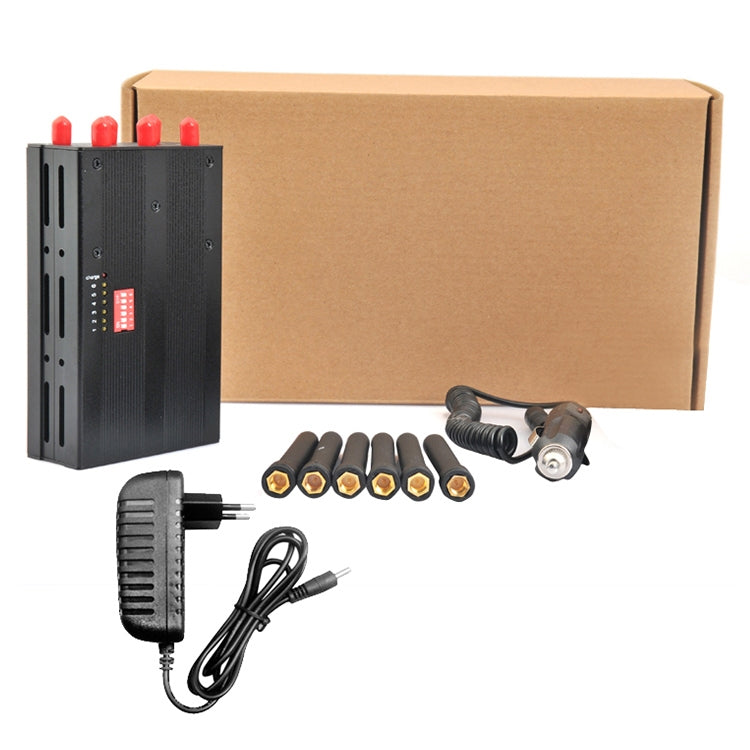 Signal jammer kit with antennas, power adapter, cable, and mounting hardware