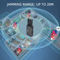 Mobile signal jammer centered on a circular coverage graphic with up to 20m label
