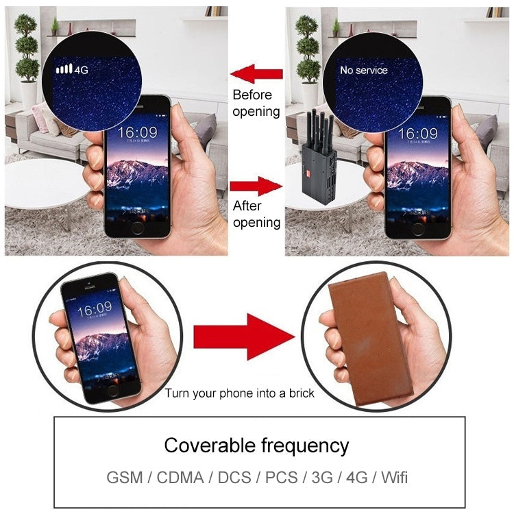 Hand holding a phone shows no service after opening a signal jammer device