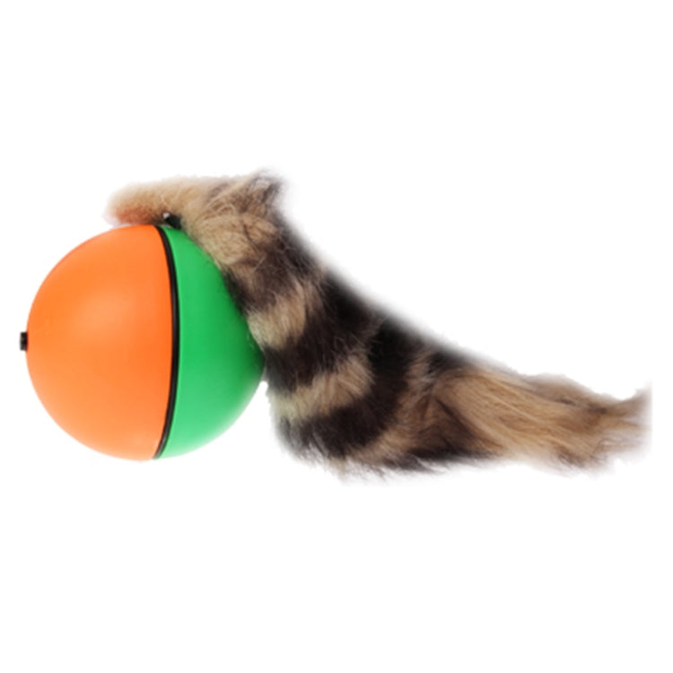 Orange and green motorized rolling chaser ball with attached faux fur tail