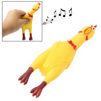Yellow screaming hen stress toy with red comb and feet, squeezed in hand