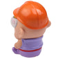 Orange hard-hat cartoon character toy, purple shirt, side profile with white bulging eyes.