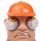 Orange hard-hat cartoon character toy close-up, yellow eyes, purple collar.