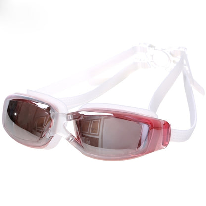 Pink swim goggles with clear strap and dark mirrored lenses, side view.