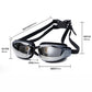 Black swim goggles with adjustable strap and mirrored lenses, with size guide diagram.