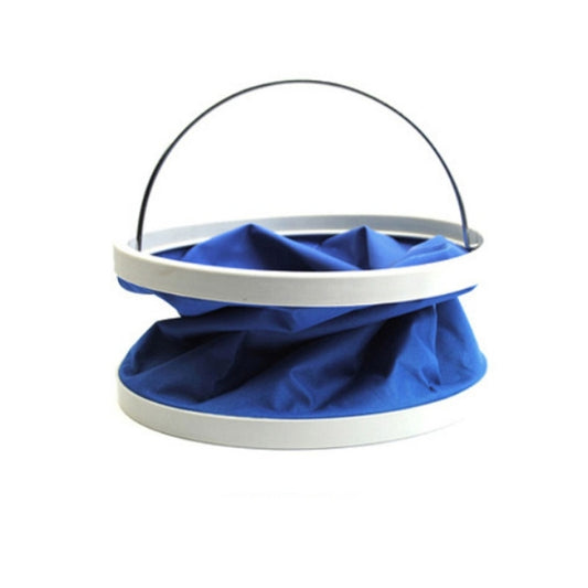 Foldable blue bucket with gray base ring and arched handle; interior fabric visible