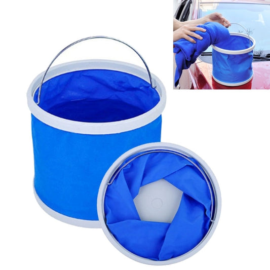 Blue foldable bucket with gray rim and curved carry handle; lid-top opening shown