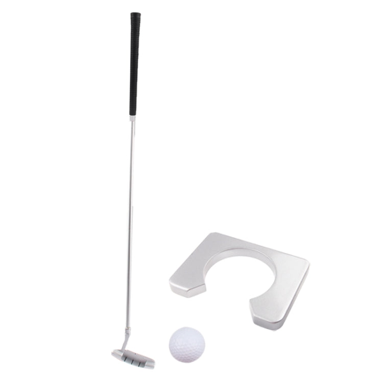 Indoor golf putter club with white head, black grip shaft, and white golf ball