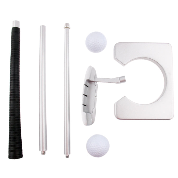 Indoor golf putter kit components: two shafts, putter head, and two golf balls