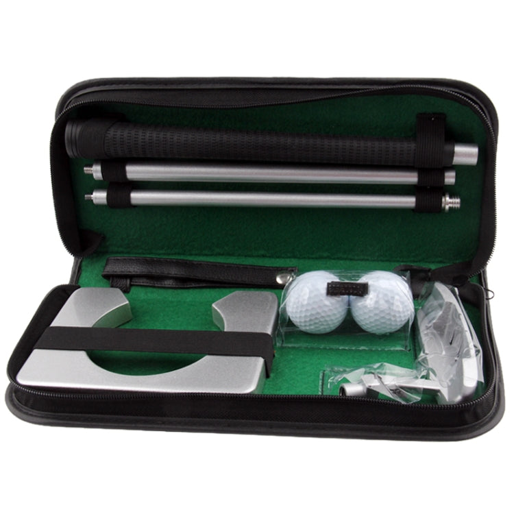 Indoor golf putter kit in zippered case with green lining, shafts, head, and balls
