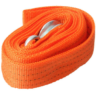 Orange tow rope strap with rolled bundle and metal hook