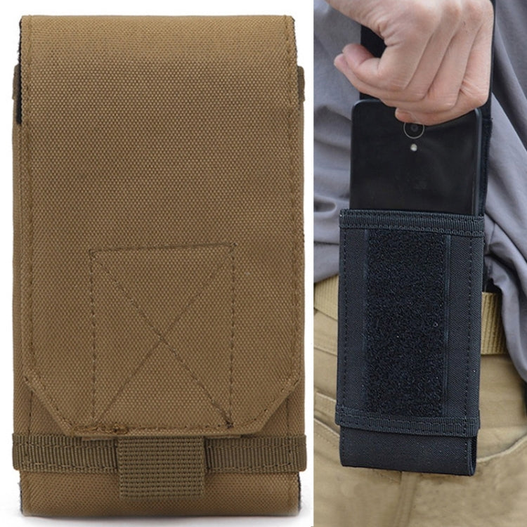 Sand tan tactical cell phone pouch with front flap and bottom belt loop strap