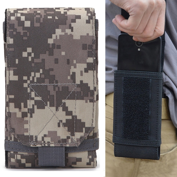 Digital camouflage fabric cell phone pouch with flap and hook-and-loop closure