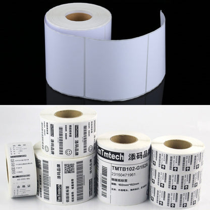 Thermal label paper roll with adhesive sheets, white labels and barcode examples