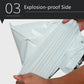 White padded mailer held open by hands, side seam visible