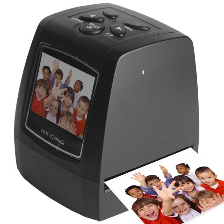 Portable film scanner with 2.36-inch TFT LCD screen and photo preview, front angle