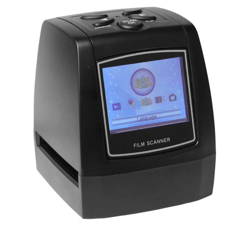 Film scanner with TFT LCD display showing menu screen on the front