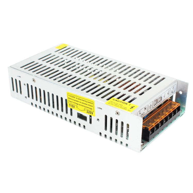 Regulated DC switching power supply with vented top panel and side connectors