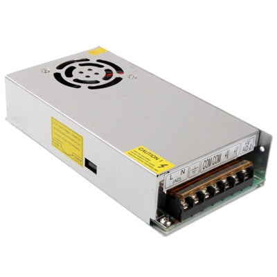 Regulated DC switching power supply with cooling fan grille and side terminals