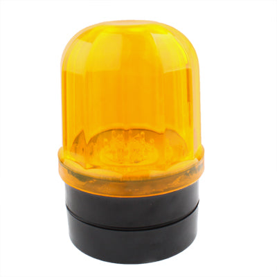 Yellow 6-LED strobe warning light, angled front, black base, clear top lens