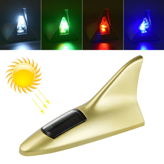 Solar shark fin alarm light, glowing blue, green, red, and white LED colors