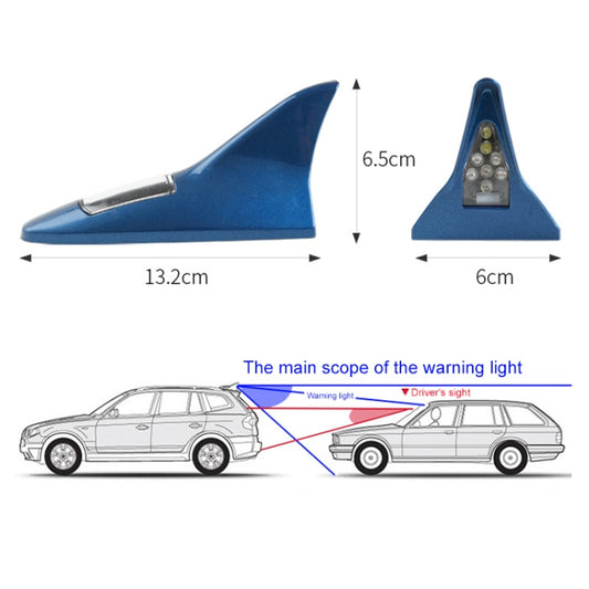 Blue solar shark fin alarm light with size diagram markings (6.5 cm, 13.2 cm)