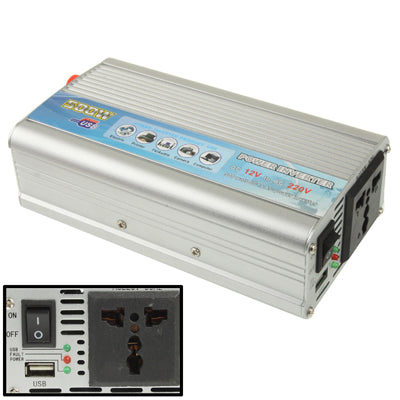 500W car power inverter with USB port, silver aluminum housing and AC outlet panel